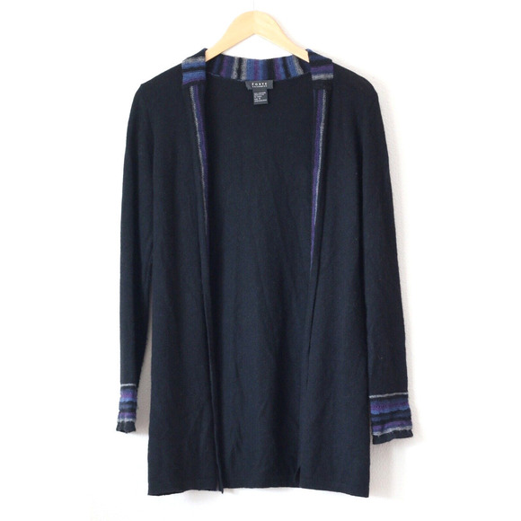 Forte Womens 100% Cashmere Open Cardigan Sweater Long Size Small Black Blue Knit - Picture 1 of 4